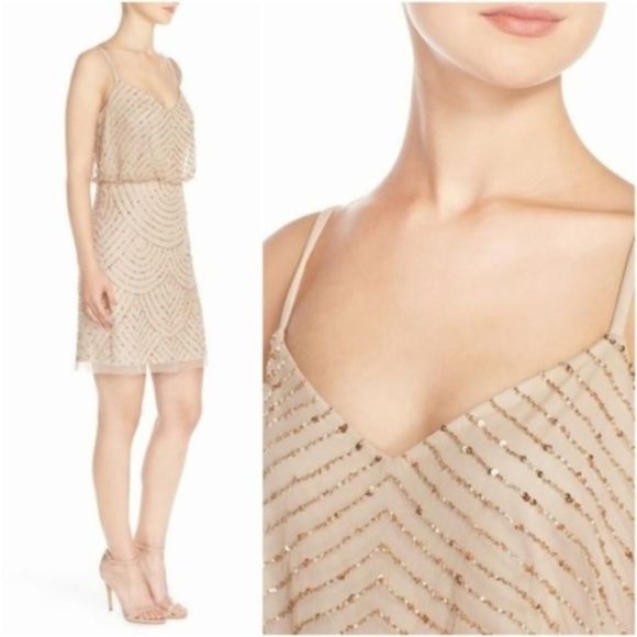 ADRIANNA PAPELL SEQUIN MESH BLOUSON DRESS - Picture 1 of 4